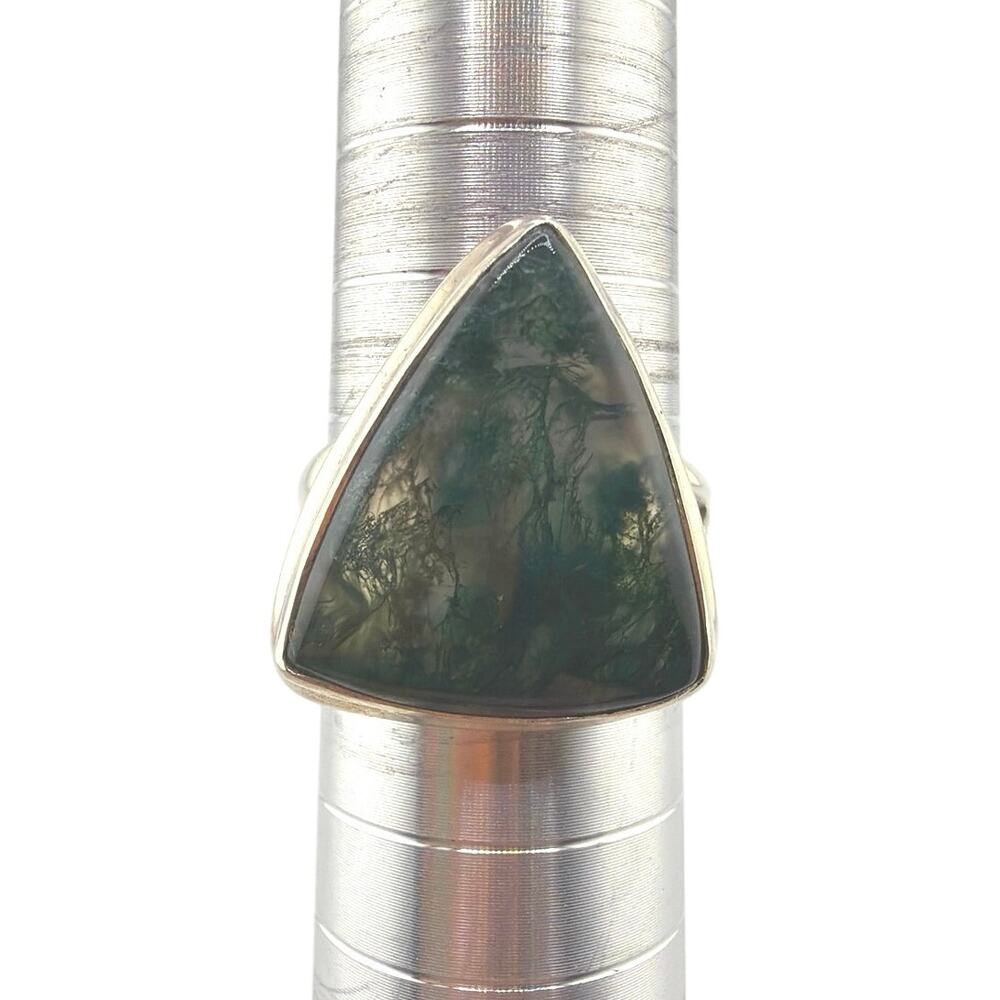 Trillion Cut Moss Agate Sterling Silver Artisan Statement Ring Size 8 5